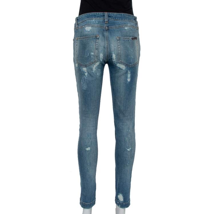 Pre Owned Dolce & Gabbana Blue Faded Denim Distressed Kate Jeans M