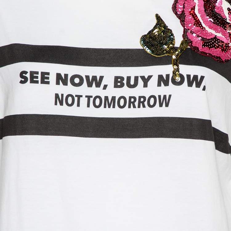 Pre Owned Dolce & Gabbana White Printed Cotton Sequined Rose Applique Detail T-Shirt L