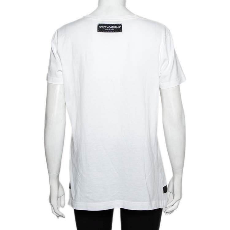 Pre Owned Dolce & Gabbana White Printed Cotton Sequined Rose Applique Detail T-Shirt L