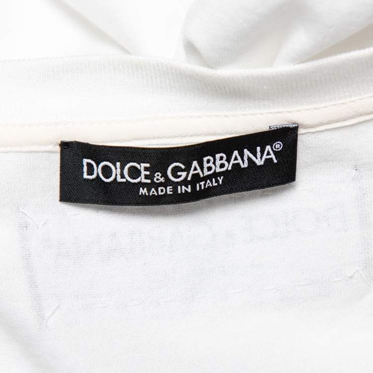 Pre Owned Dolce & Gabbana White Printed Cotton Sequined Rose Applique Detail T-Shirt L