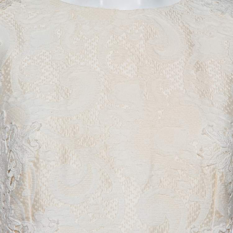 مملوكة مسبقًا Dolce & Gabbana Cream Jacquard Crochet Trim Detail Midi Dress L