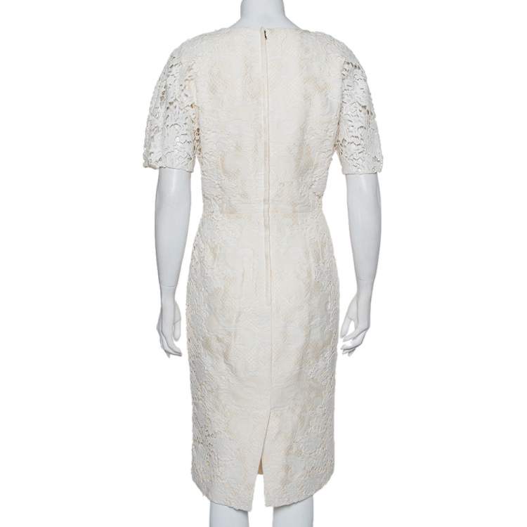 مملوكة مسبقًا Dolce & Gabbana Cream Jacquard Crochet Trim Detail Midi Dress L