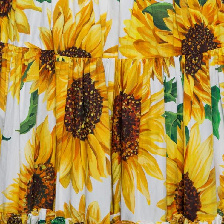 Pre Owned Dolce & Gabbana Yellow Sunflower Printed Cotton Cold Shoulder Tiered Midi Dress M