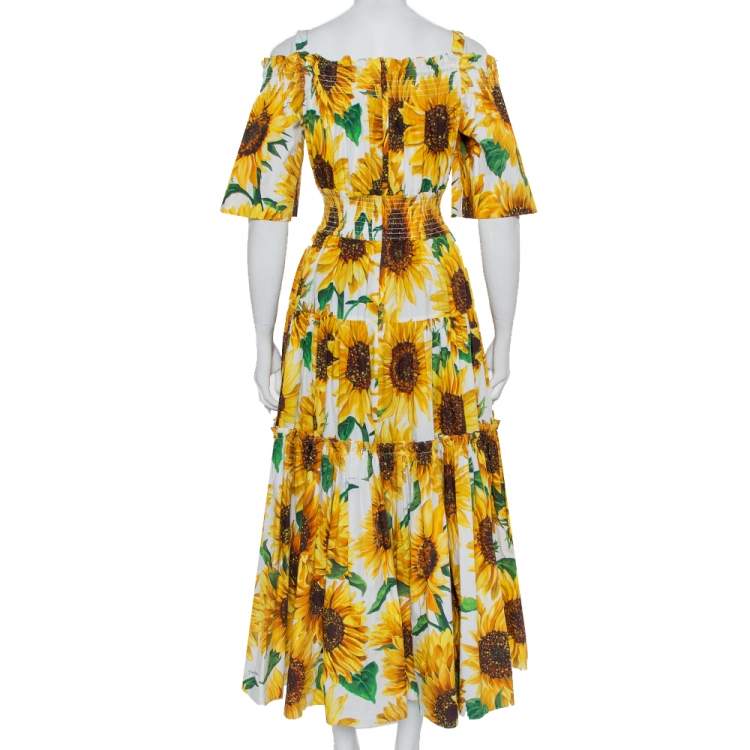 Pre Owned Dolce & Gabbana Yellow Sunflower Printed Cotton Cold Shoulder Tiered Midi Dress M