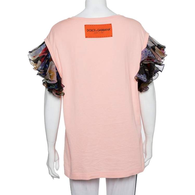 Pre Owned Dolce & Gabbana Pink Logo Printed Cotton Ruffled Sleeve Detail T-Shirt M