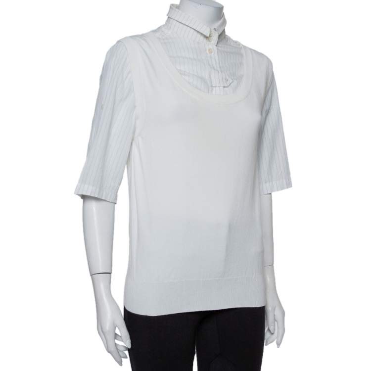 مملوكة مسبقًا Dolce & Gabbana White Knit Sleeveless Overlay Detail Collared Top L
