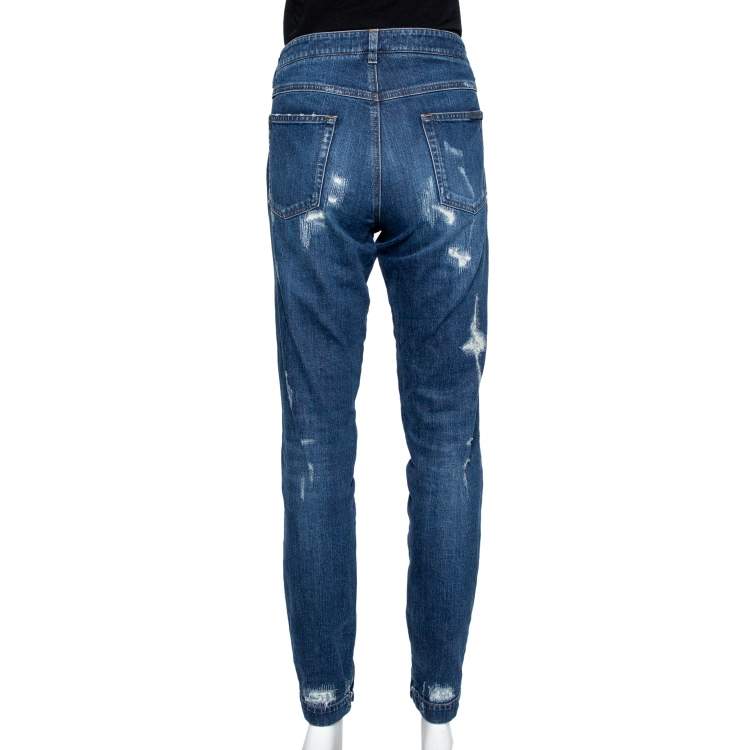 Pre Owned Dolce & Gabbana Navy Blue Denim Distressed Zip Detail Pretty Jeans L