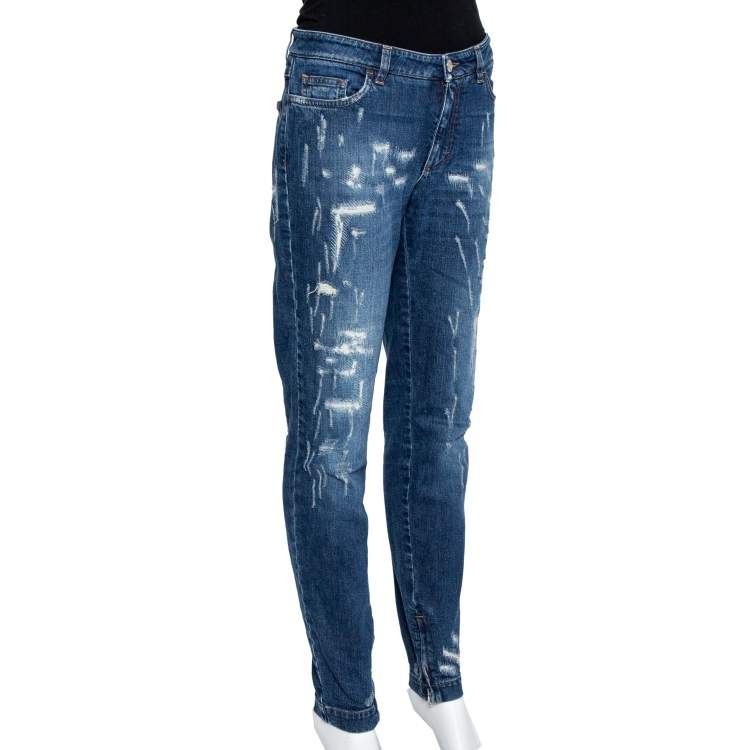 Pre Owned Dolce & Gabbana Navy Blue Denim Distressed Zip Detail Pretty Jeans L