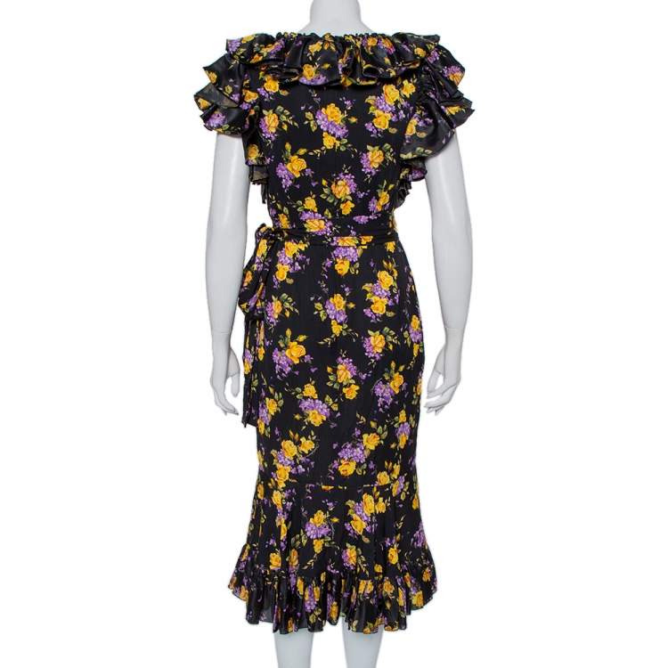 Pre Owned Dolce & Gabbana  Black Floral Printed Silk Belted Ruffled Midi Dress M
