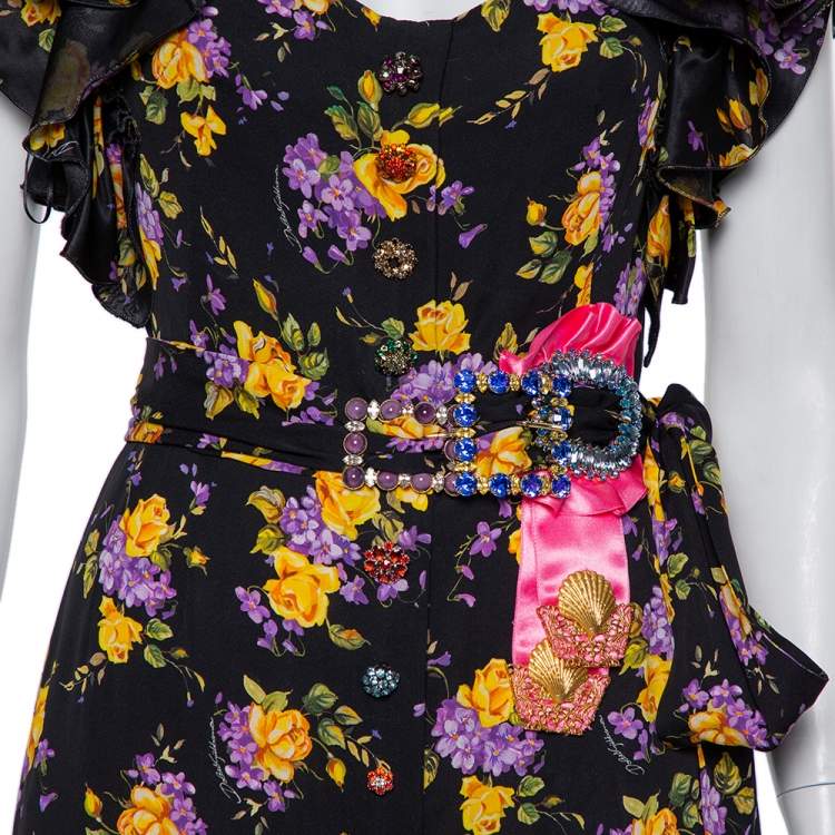 Pre Owned Dolce & Gabbana  Black Floral Printed Silk Belted Ruffled Midi Dress M