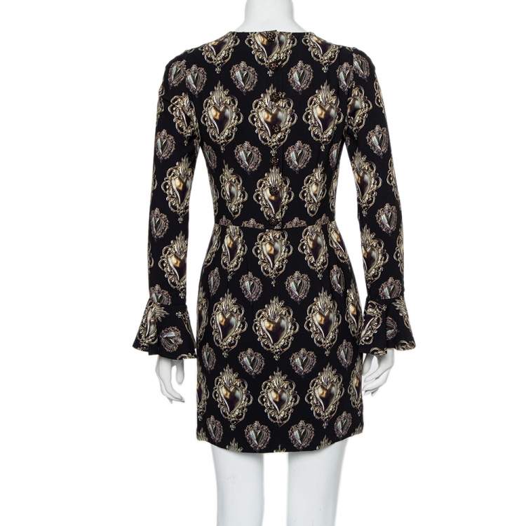 Pre Owned Dolce & Gabbana Black Sacred Heart Printed Crepe Mini Dress S