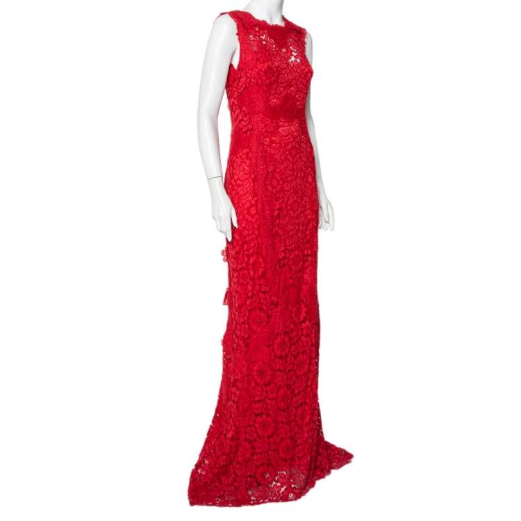 Pre Owned Dolce & Gabbana Red Lace Open Back Sleeveless Maxi Dress M