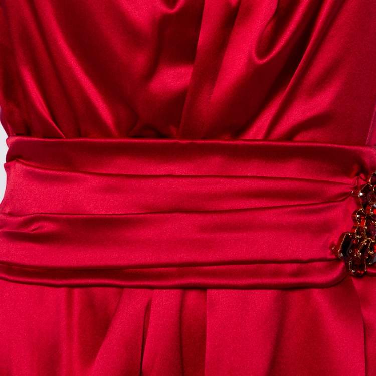 Pre Owned Dolce & Gabbana Red Satin Silk Embellished Draped Strapless Dress M