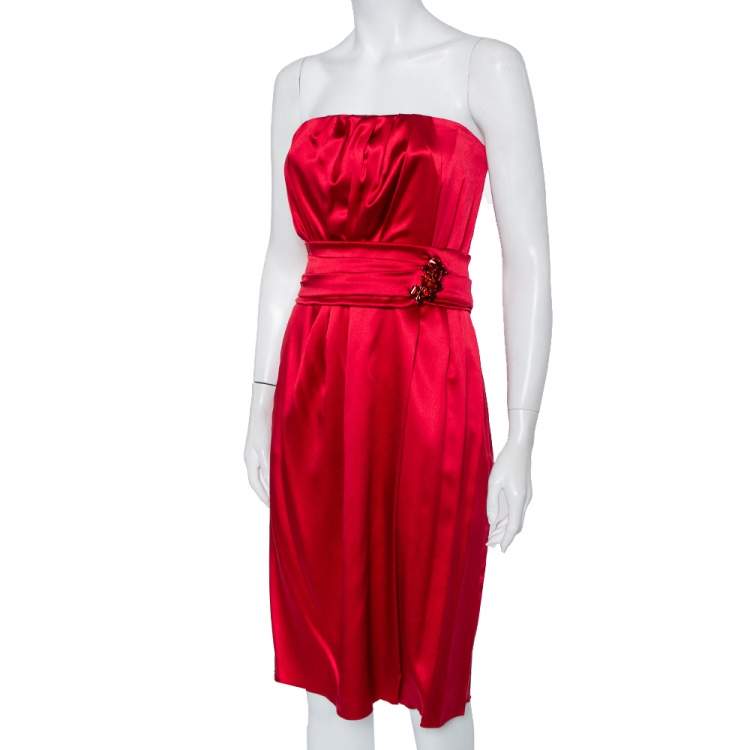 Pre Owned Dolce & Gabbana Red Satin Silk Embellished Draped Strapless Dress M