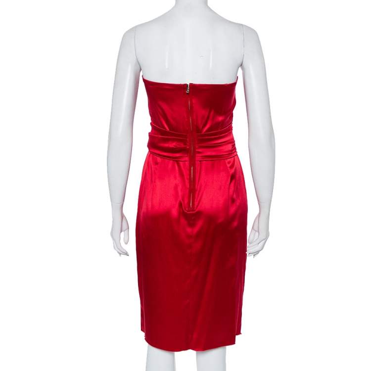 Pre Owned Dolce & Gabbana Red Satin Silk Embellished Draped Strapless Dress M