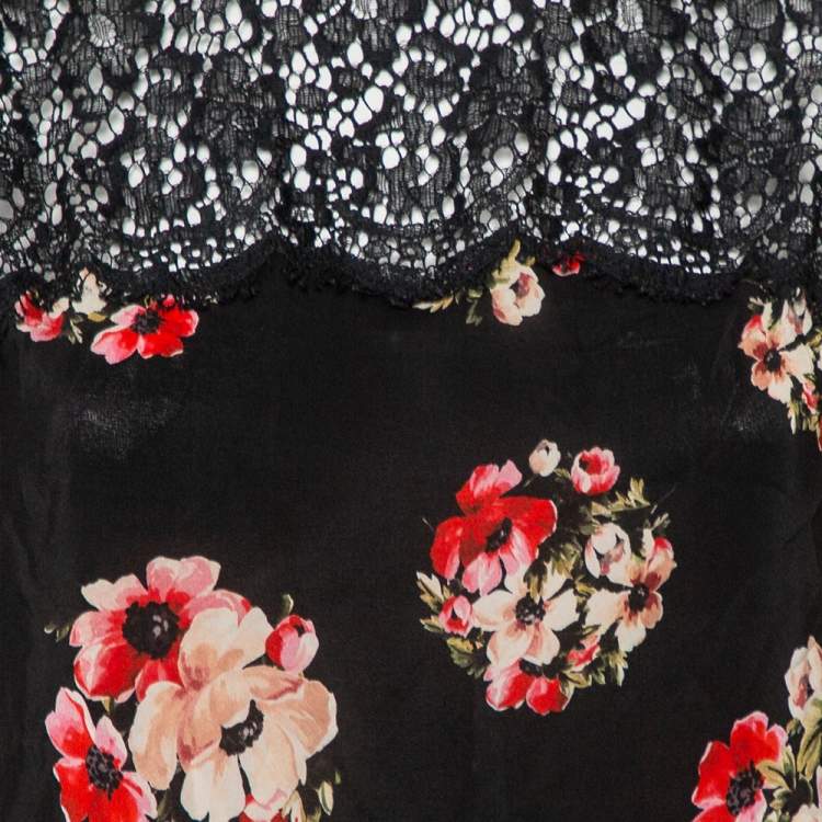 Pre Owned Dolce & Gabbana Black Floral Printed Silk & Lace Paneled Top M