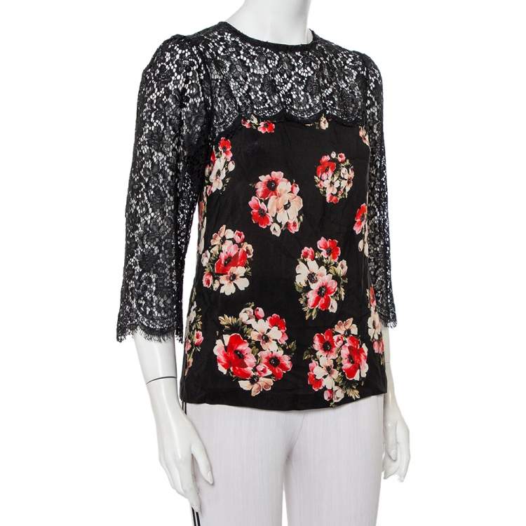 Pre Owned Dolce & Gabbana Black Floral Printed Silk & Lace Paneled Top M