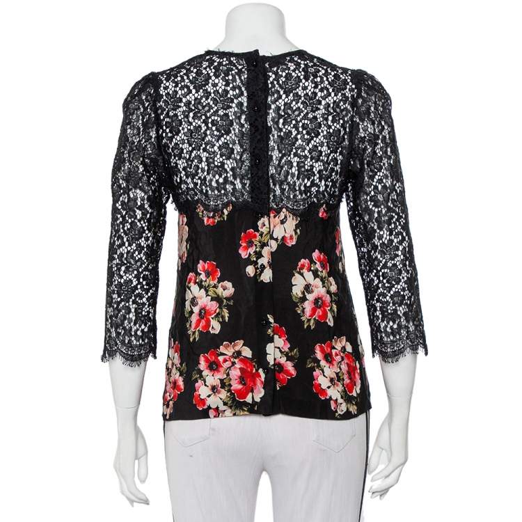 Pre Owned Dolce & Gabbana Black Floral Printed Silk & Lace Paneled Top M