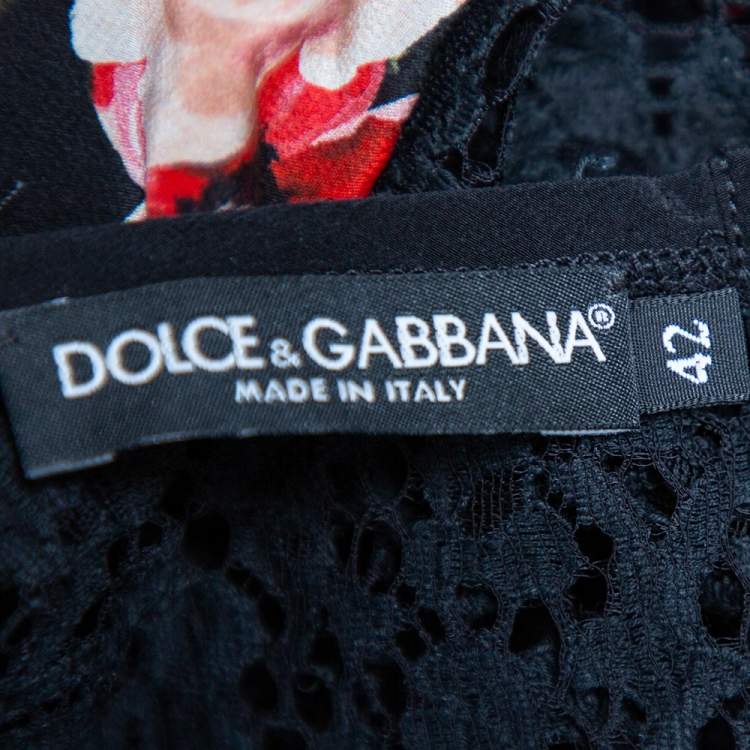 Pre Owned Dolce & Gabbana Black Floral Printed Silk & Lace Paneled Top M
