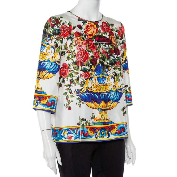 Pre Owned Dolce & Gabbana Multicolor Floral Majolica Printed Silk Top M