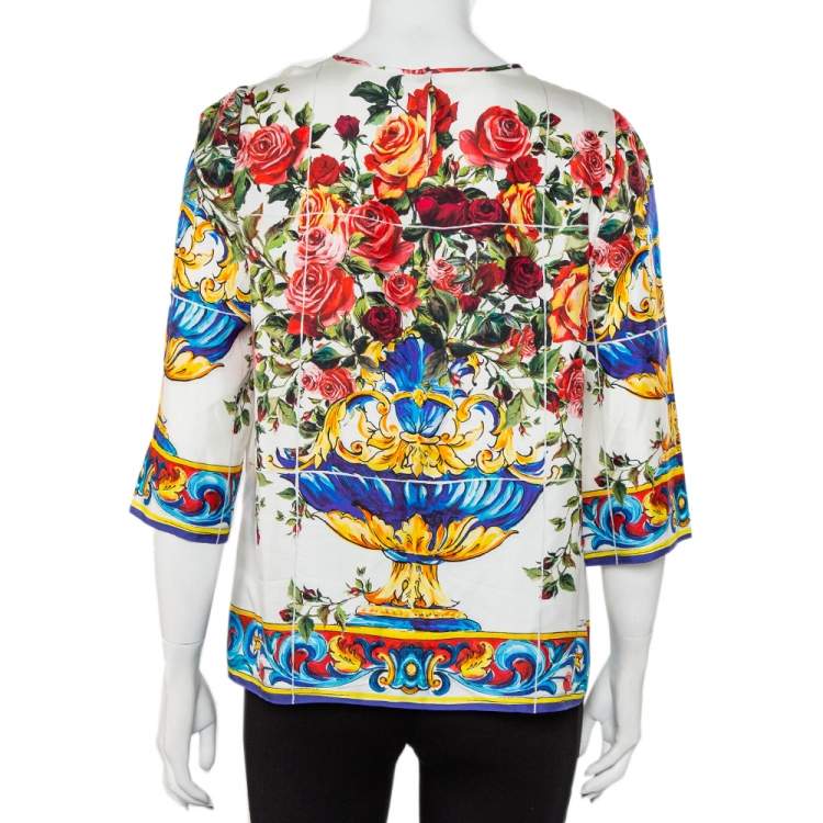 Pre Owned Dolce & Gabbana Multicolor Floral Majolica Printed Silk Top M
