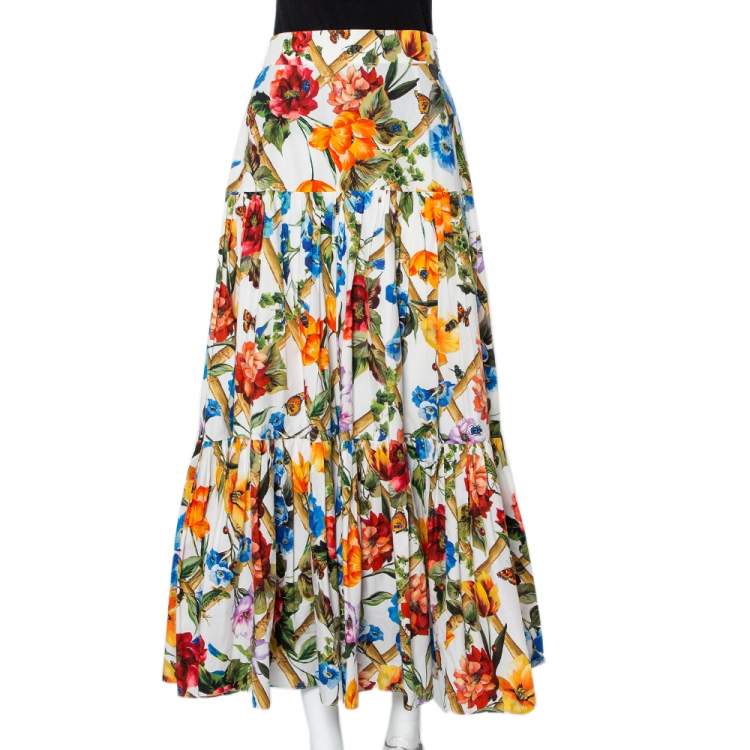 Pre Owned Dolce & Gabbana Multicolor Bamboo Printed Cotton Tiered Maxi Skirt M