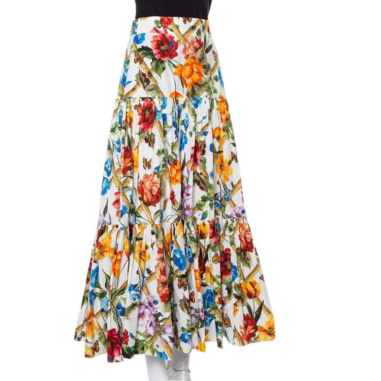 Pre Owned Dolce & Gabbana Multicolor Bamboo Printed Cotton Tiered Maxi Skirt M