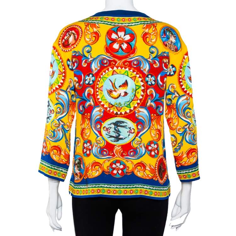 Pre Owned Dolce & Gabbana Multicolor Carretto Siciliano Printed Silk Oversized Top XS