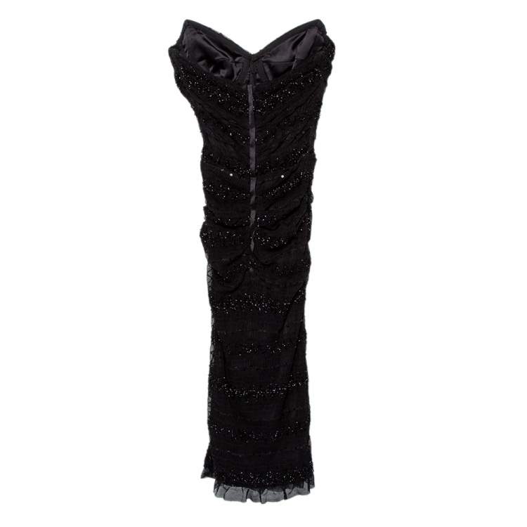 Pre Owned Dolce & Gabbana Black Embellished Tulle Ruched Strapless Midi Dress S