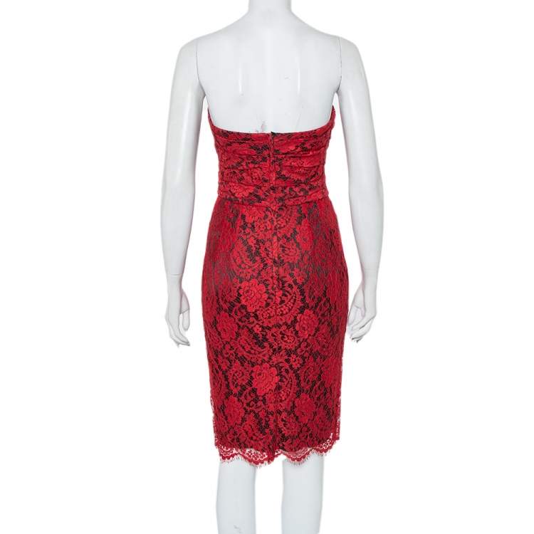 Pre Owned Dolce & Gabbana Red Lace Draped Strapless Mini Dress S