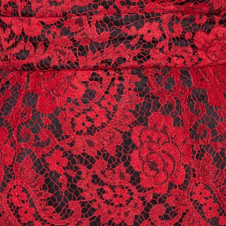 Pre Owned Dolce & Gabbana Red Lace Draped Strapless Mini Dress S