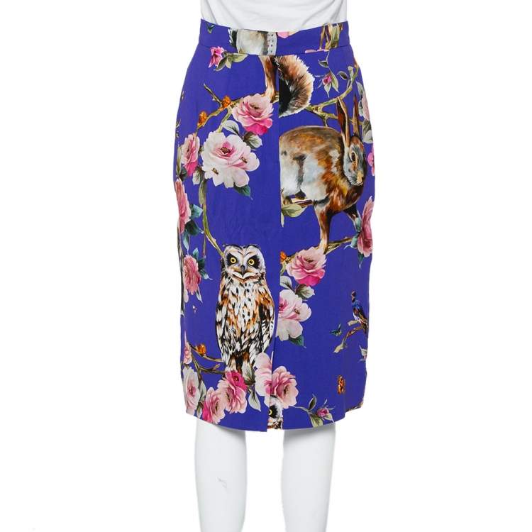 Pre Owned Dolce & Gabbana Purple Enchanted Forest Printed Crepe Pencil Skirt M