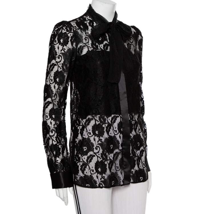 Pre Owned Dolce & Gabbana Black Lace Neck Tie Detail Shirt S
