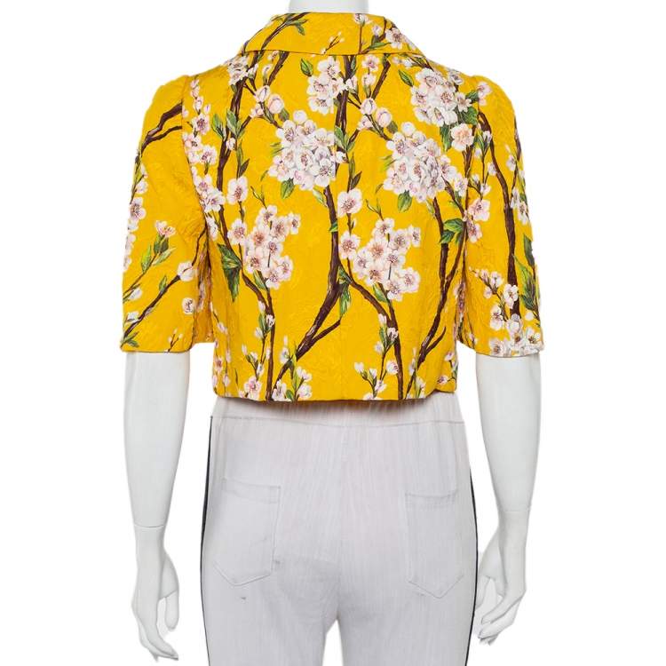 Pre Owned Dolce & Gabbana Yellow Almond Blossom Printed Jacquard Double Breasted Cropped Jacket S