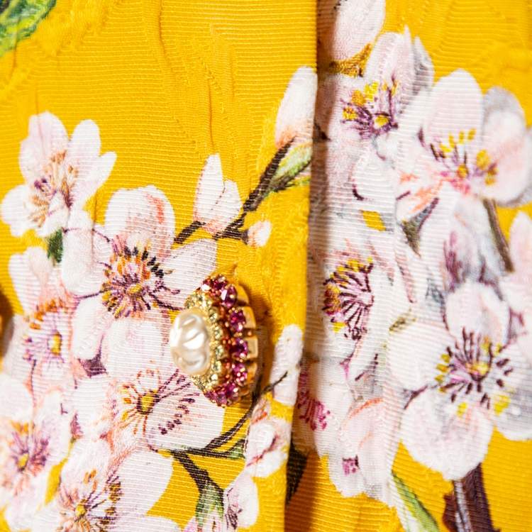 Pre Owned Dolce & Gabbana Yellow Almond Blossom Printed Jacquard Double Breasted Cropped Jacket S