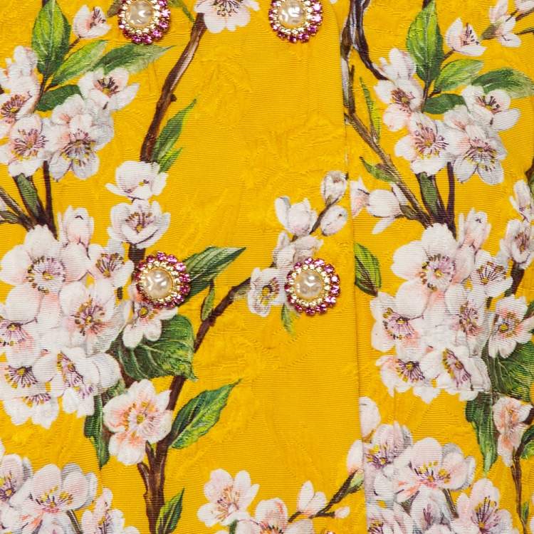Pre Owned Dolce & Gabbana Yellow Almond Blossom Printed Jacquard Double Breasted Cropped Jacket S