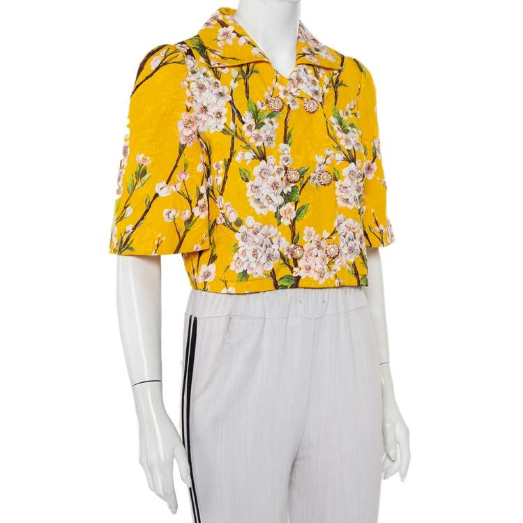Pre Owned Dolce & Gabbana Yellow Almond Blossom Printed Jacquard Double Breasted Cropped Jacket S