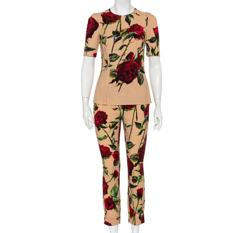 Pre Owned Dolce & Gabbana Beige Floral Printed Crepe Top & Tapered Leg Trousers S
