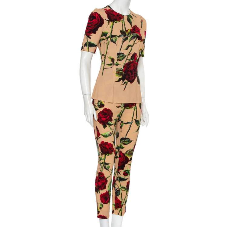 Pre Owned Dolce & Gabbana Beige Floral Printed Crepe Top & Tapered Leg Trousers S
