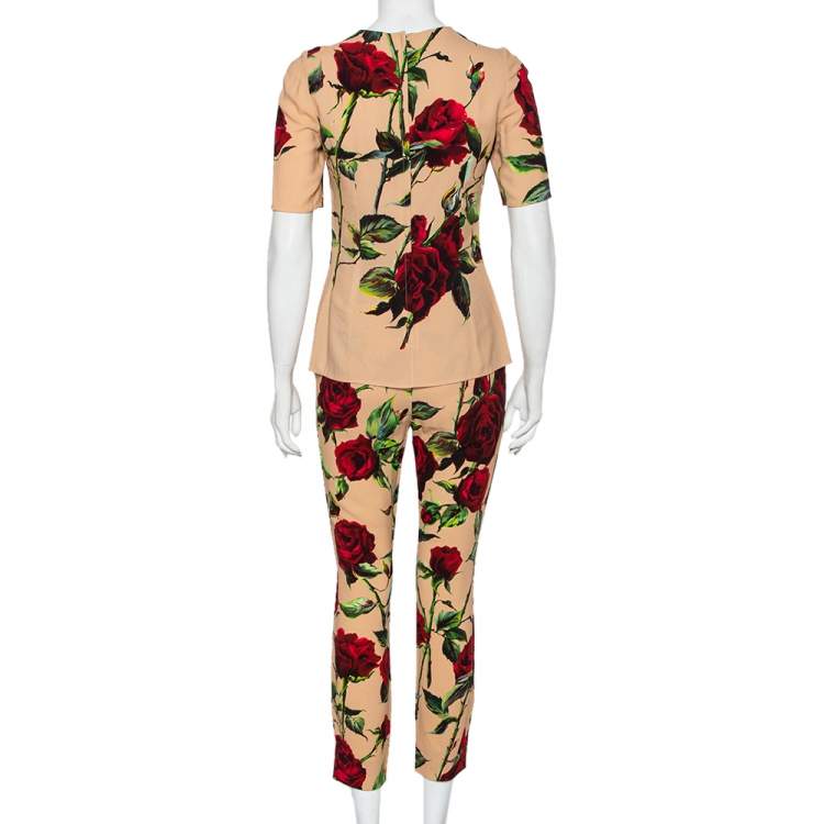 Pre Owned Dolce & Gabbana Beige Floral Printed Crepe Top & Tapered Leg Trousers S