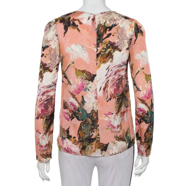 Pre Owned Dolce & Gabbana Pink Floral Printed Silk Lace Trim Top S