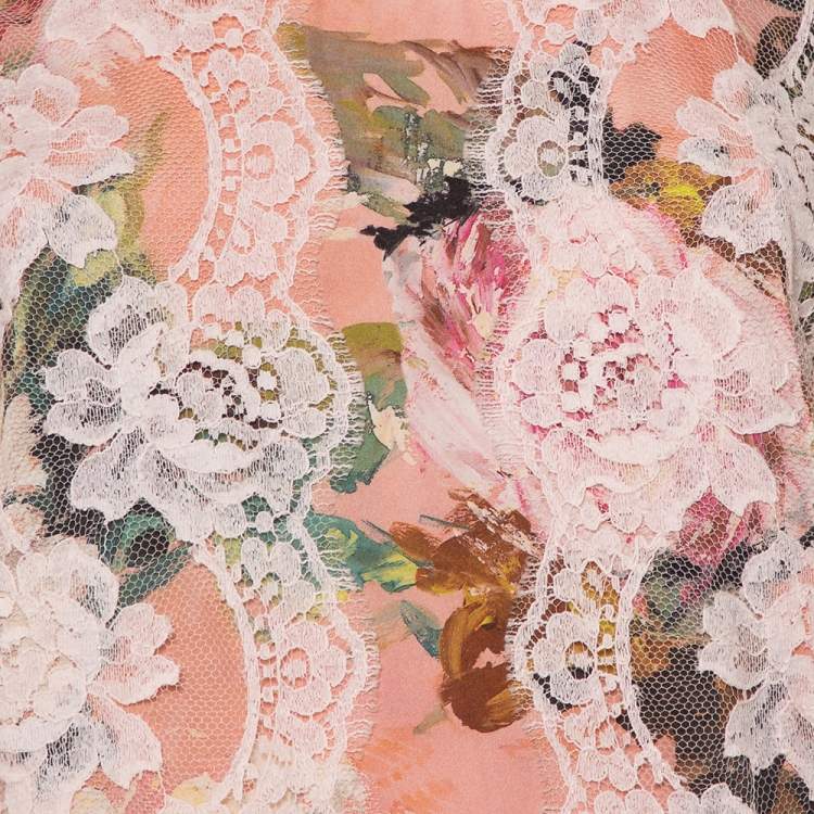 Pre Owned Dolce & Gabbana Pink Floral Printed Silk Lace Trim Top S