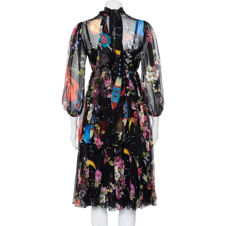Pre Owned Dolce & Gabbana Black Space Printed Silk Neck Tie Detail Midi Dress M