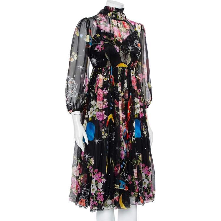 Pre Owned Dolce & Gabbana Black Space Printed Silk Neck Tie Detail Midi Dress M