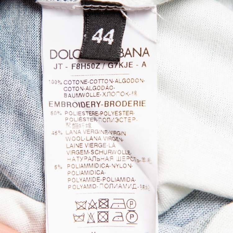Pre Owned Dolce & Gabbana White & Navy Blue Striped Cotton Patch Detail Crewneck T-Shirt M