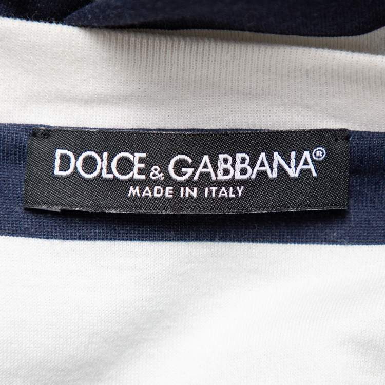 Pre Owned Dolce & Gabbana White & Navy Blue Striped Cotton Patch Detail Crewneck T-Shirt M