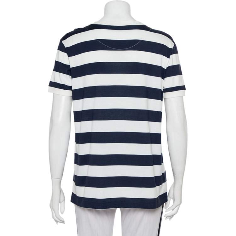 Pre Owned Dolce & Gabbana White & Navy Blue Striped Cotton Patch Detail Crewneck T-Shirt M