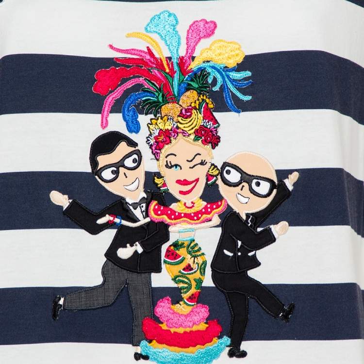 Pre Owned Dolce & Gabbana White & Navy Blue Striped Cotton Patch Detail Crewneck T-Shirt M
