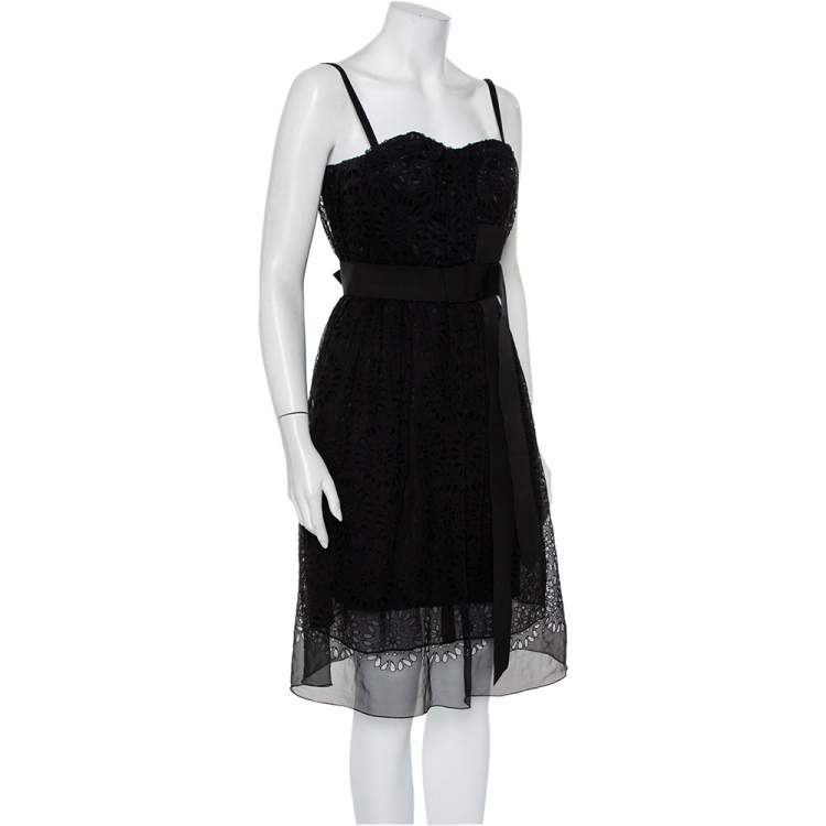 Pre Owned Dolce & Gabbana Black Cutwork Chiffon Bustier Detail Sleeveless Midi Dress XS