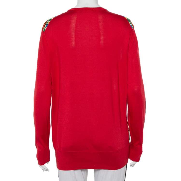 Pre Owned Dolce & Gabbana red Carretto Siciliano Printed Silk & Knit Crewneck Jumper M